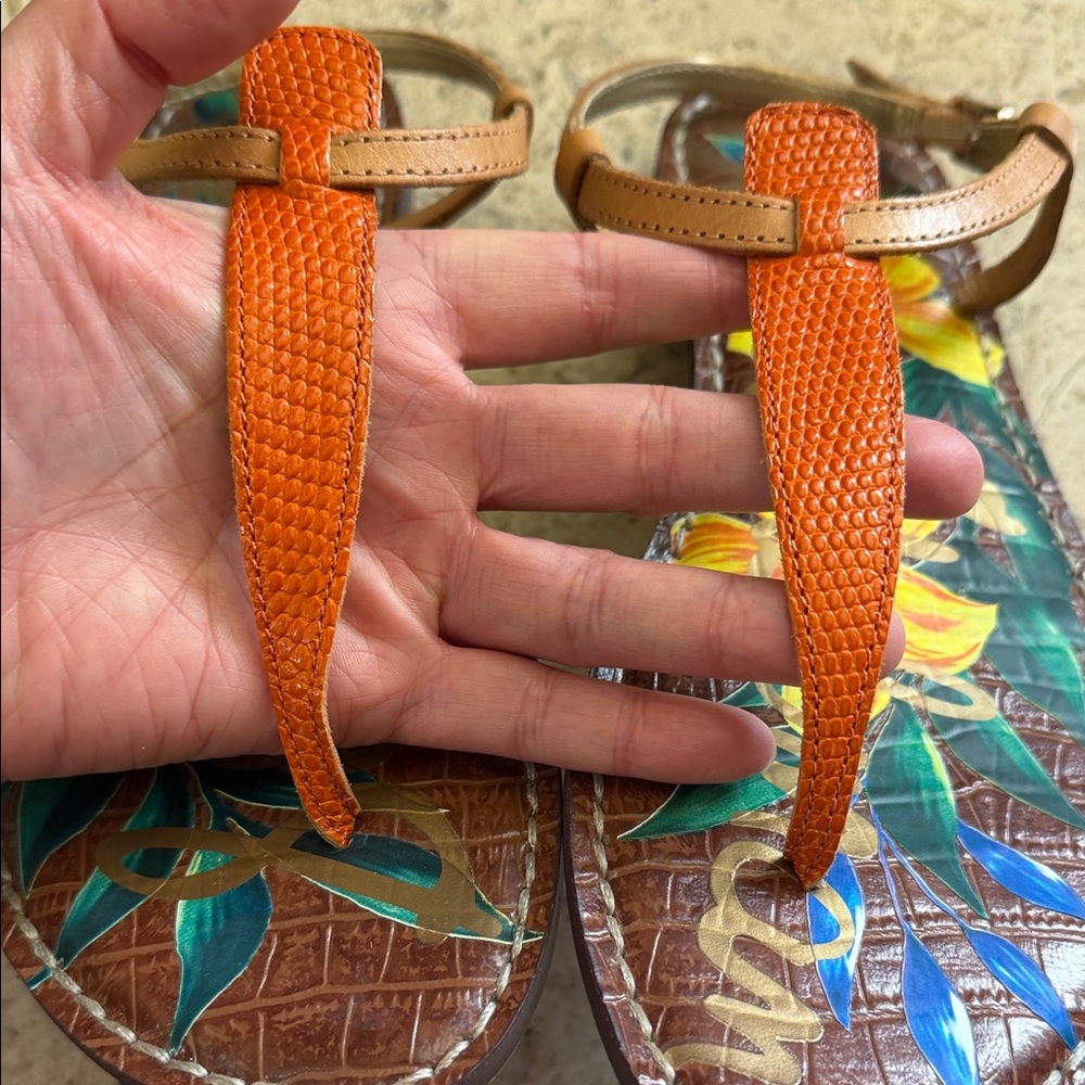 Sam Edelman Brown Leather Floral T‑Strap Sandals with Orange Accent - Picture 2 of 4